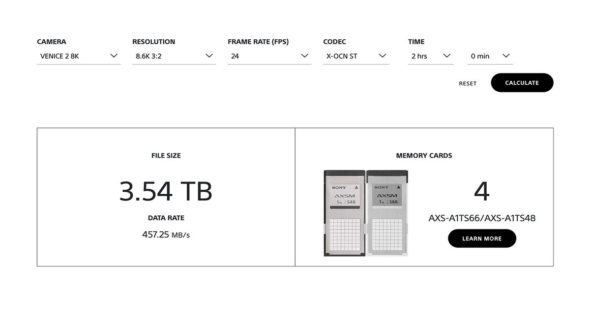 Data Calculator Updated Now Crunches for VENICE 2 and New AXS S66 Memory Card Sony Cine